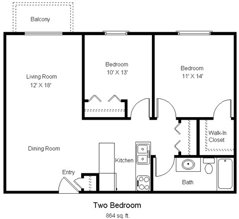 A floor plan of a two bedroom apartment.